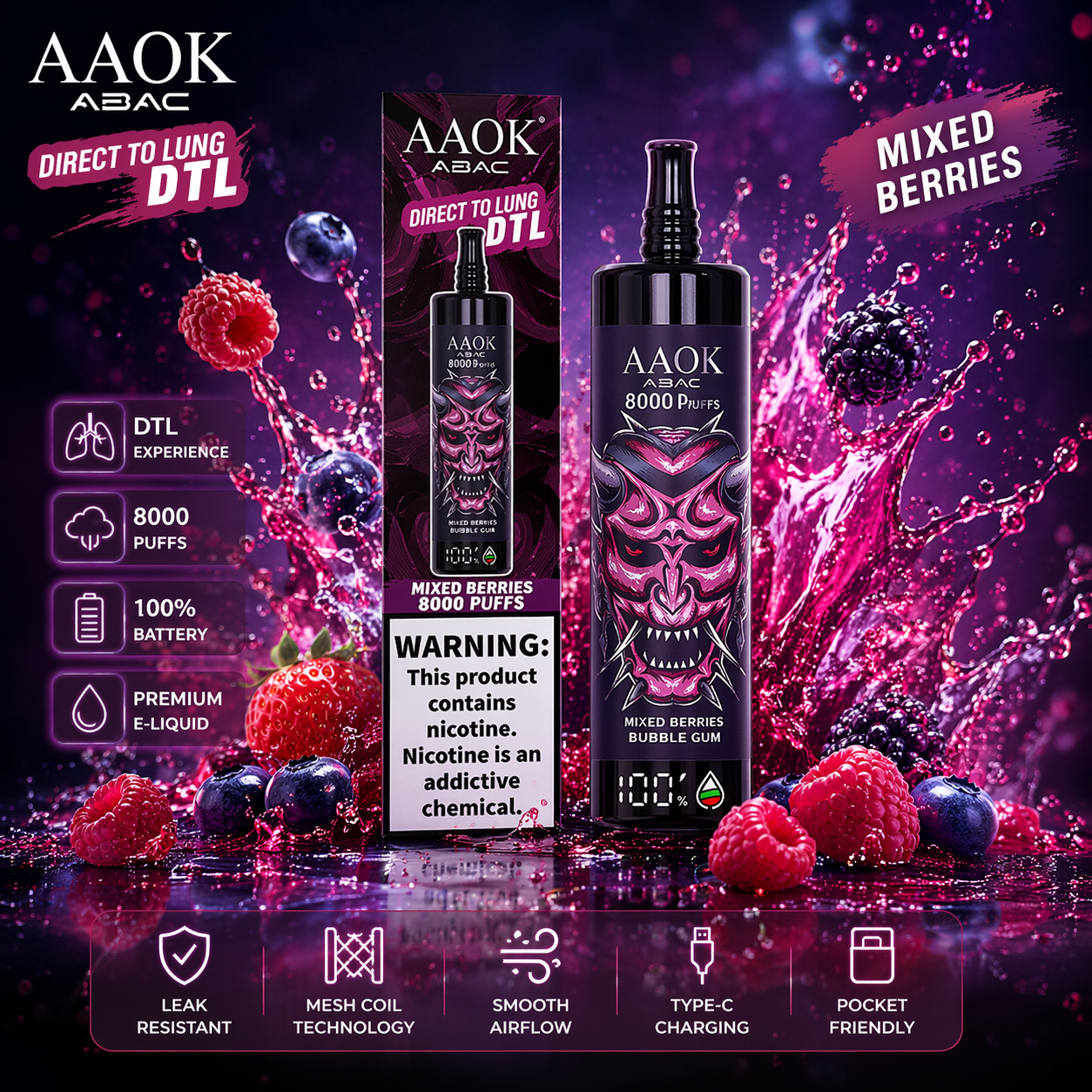 AAOK AK80000 Disposable Vape – 80,000 Puffs Rechargeable Mesh Coil Smart Display Vape